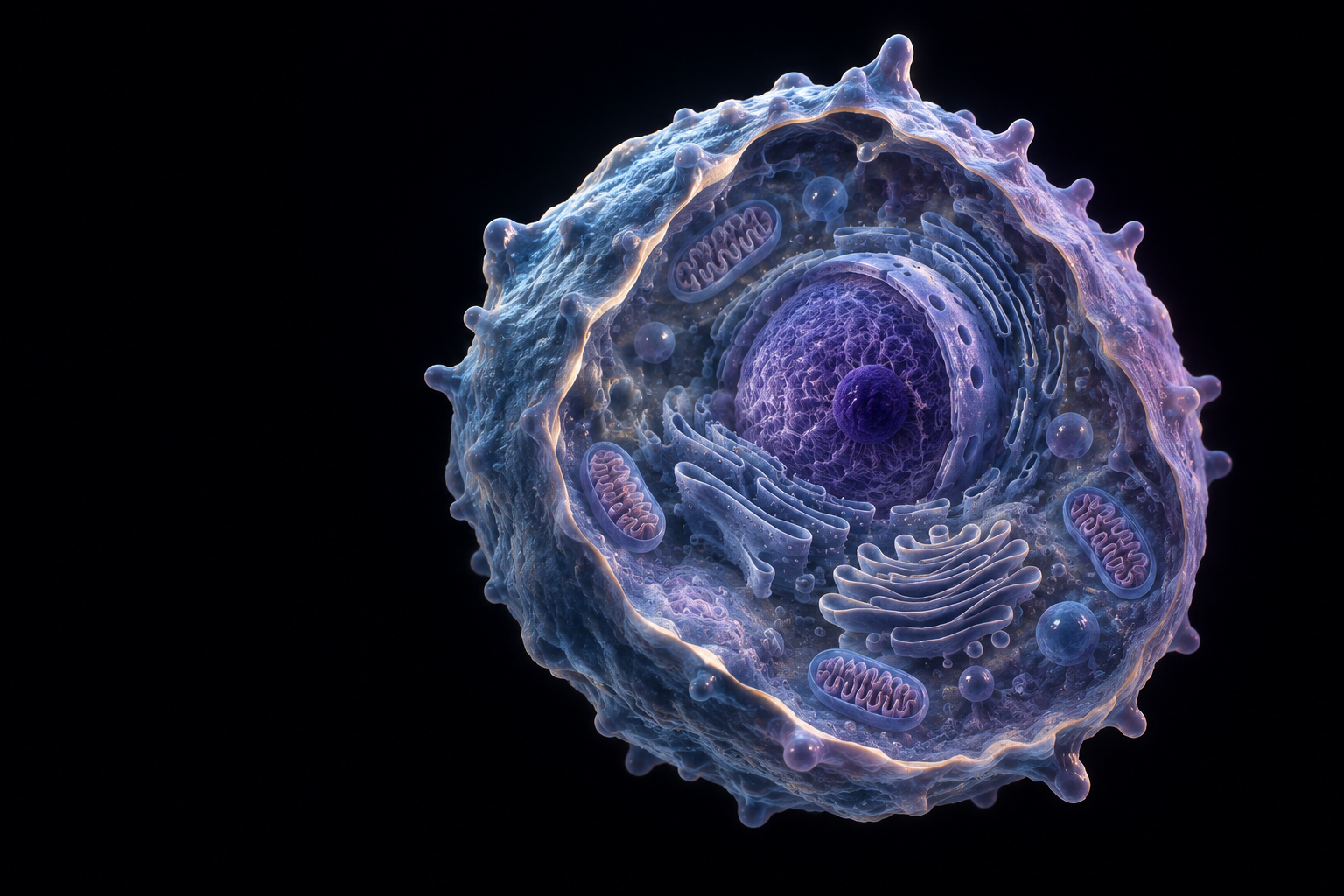 Conceptual cell cutaway showing a nucleus and intracellular structures.