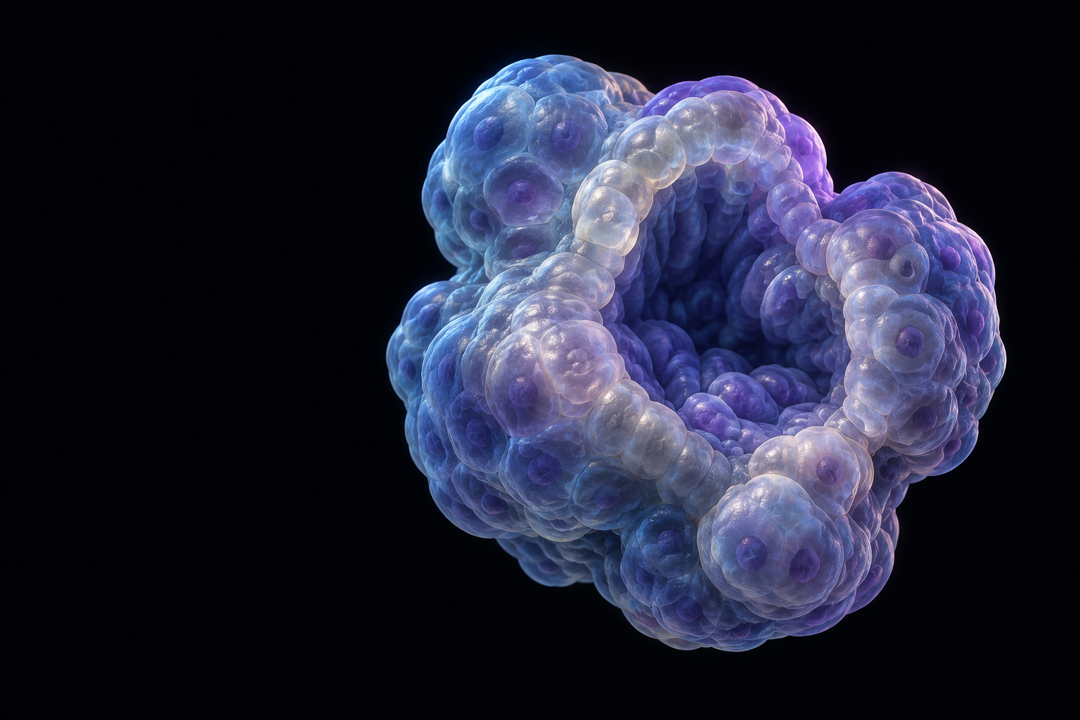 Conceptual organoid with a three-dimensional arrangement of cells around an internal cavity.