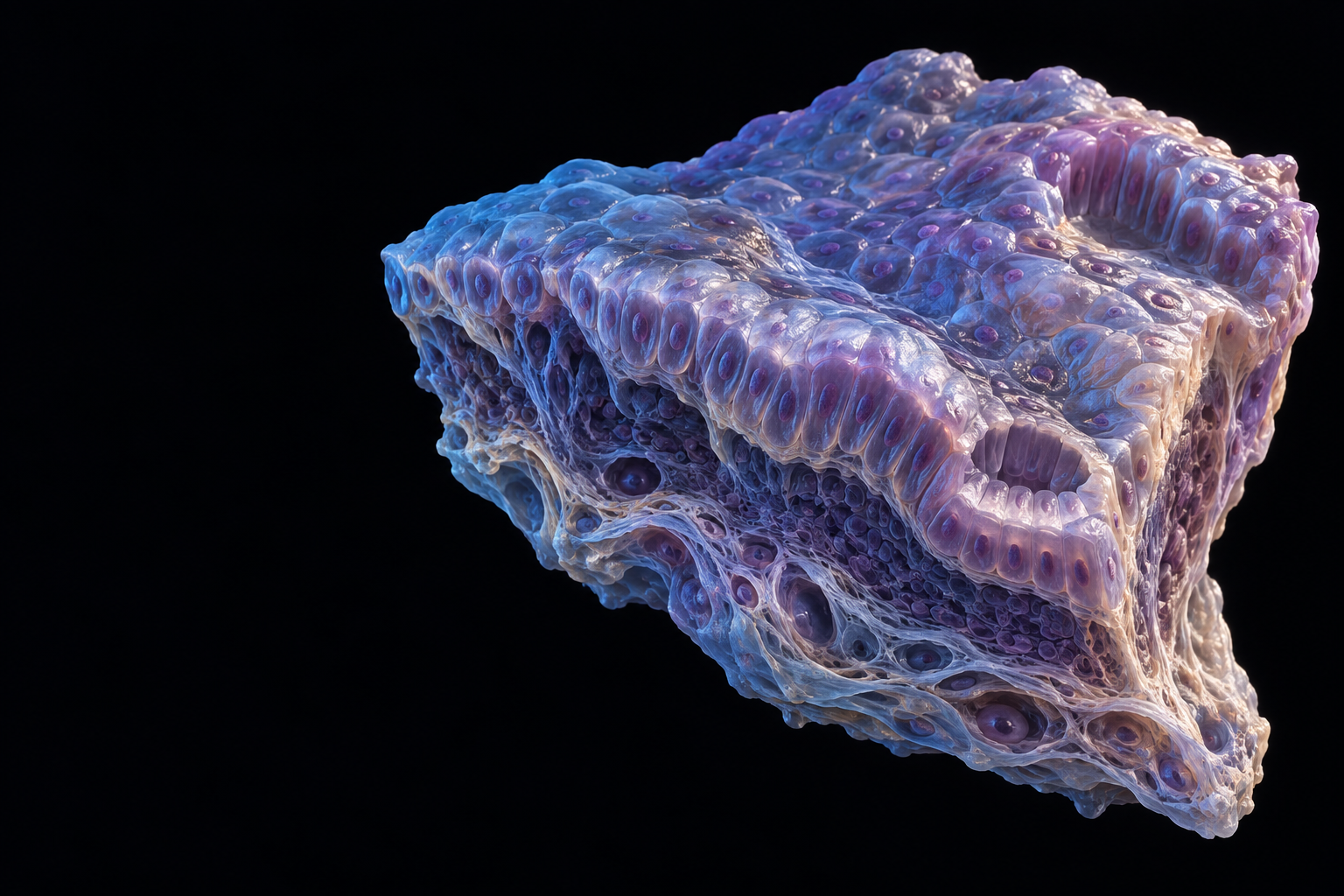 Conceptual tissue fragment with connected cells and surrounding extracellular structure in blue and violet.